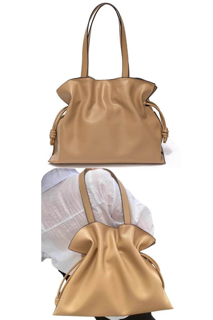 Women designer tote bag with drawstring in soft camel leather to hold 13 inch laptop for work or travel