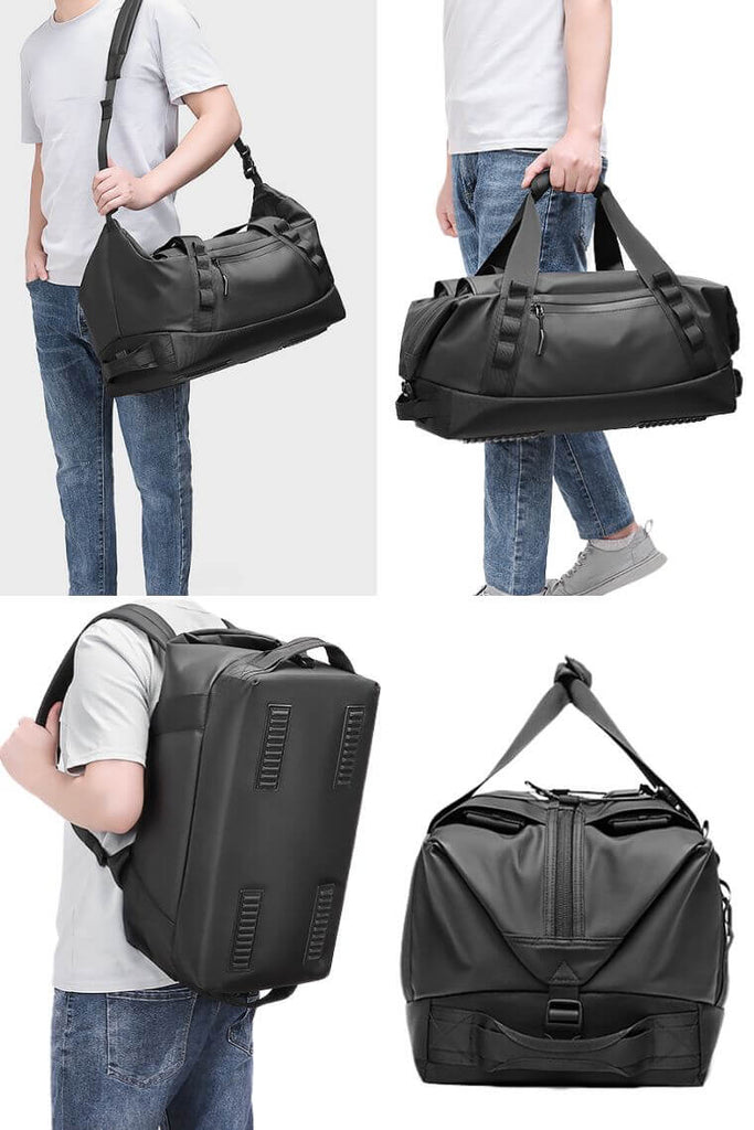 black backpack gym bag in waterproof nylon with wet dry separation for women or men travel or holiday