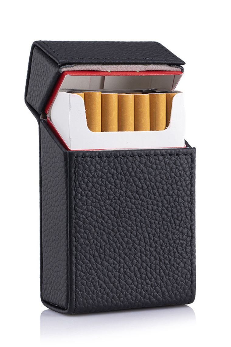 black leather cigarette hard case holder for king-sized full pack of 20 cigarettes with magnet flap, portable and waterproof cigarette pouch