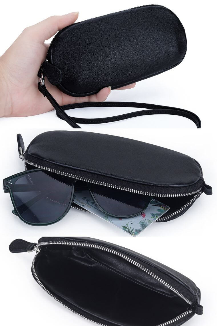 black soft leather glasses case with detachable lanyard strap and zipper closure for men or women ｜ leather eyewear pouch | versatile sunglasses holder take in hand on your wrist or neck