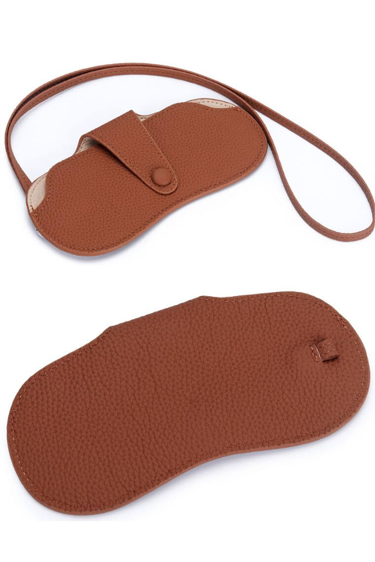 brown leather glasses case with detachable strap to put on the wrist or neck or your handbag for easy carry stylish sunglasses holder for men or women