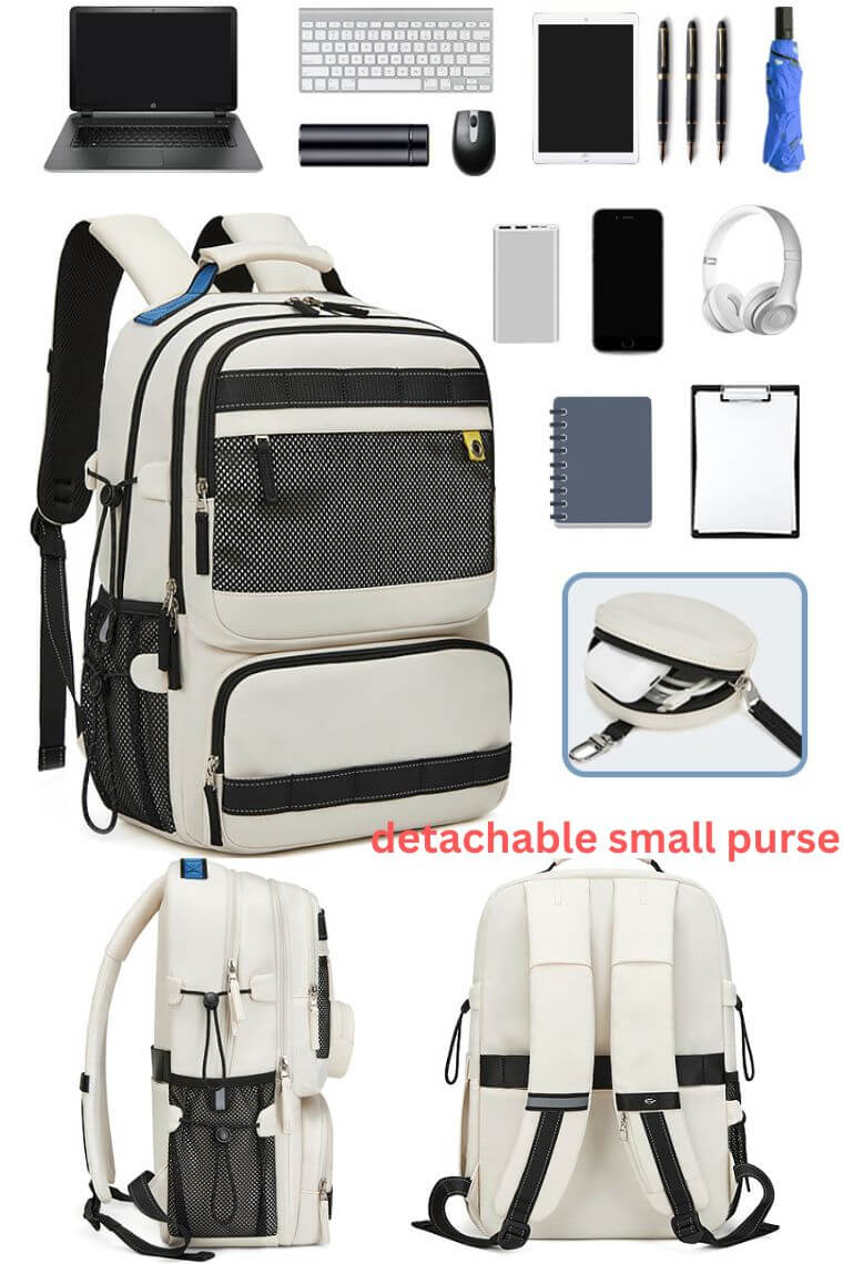 Travel backpack for 17" laptop in water resistant fabric with dry wet separation, trolley sleeve and detachable small purse for business, hiking, camping,holiday or sports for men or women