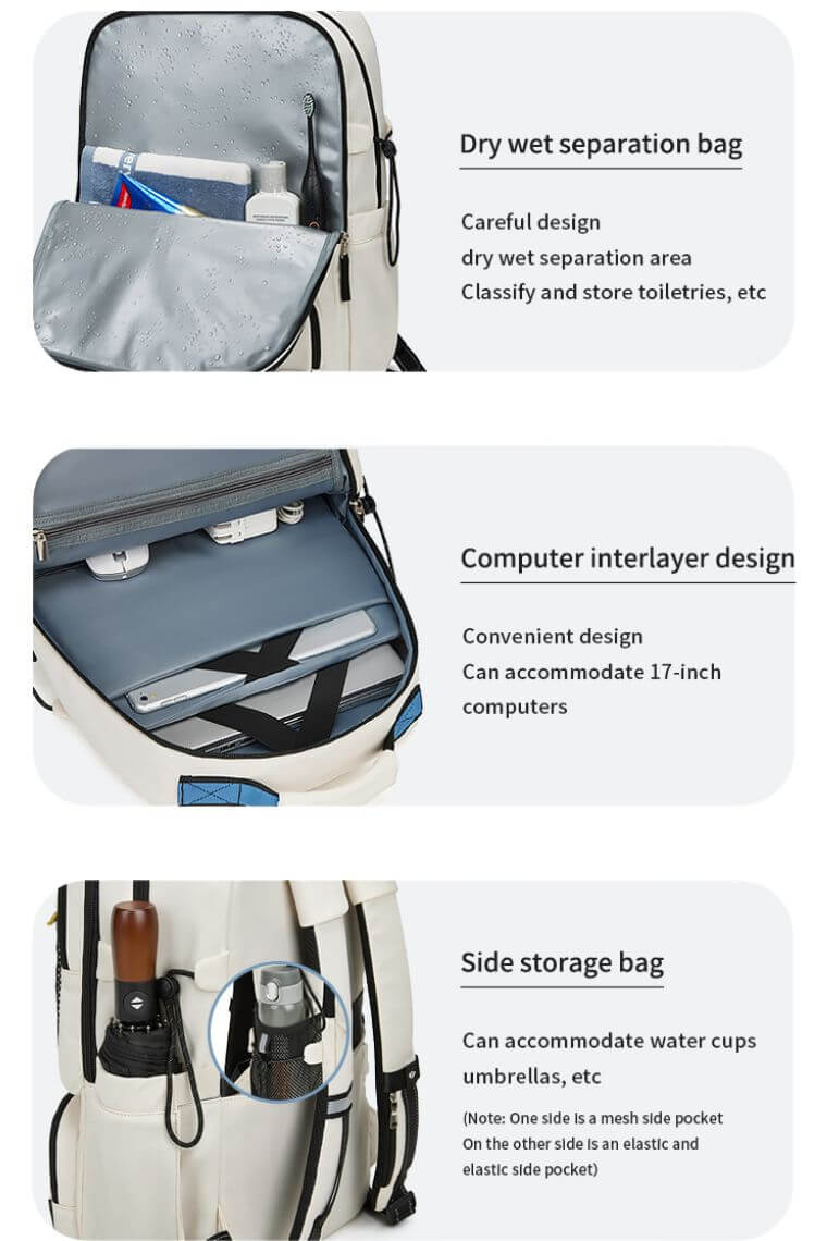 Custom travel backpack for 17" laptop in water resistant fabric with dry wet separation, trolley sleeve and detachable small purse for business, hiking, camping,holiday or sports for men or women