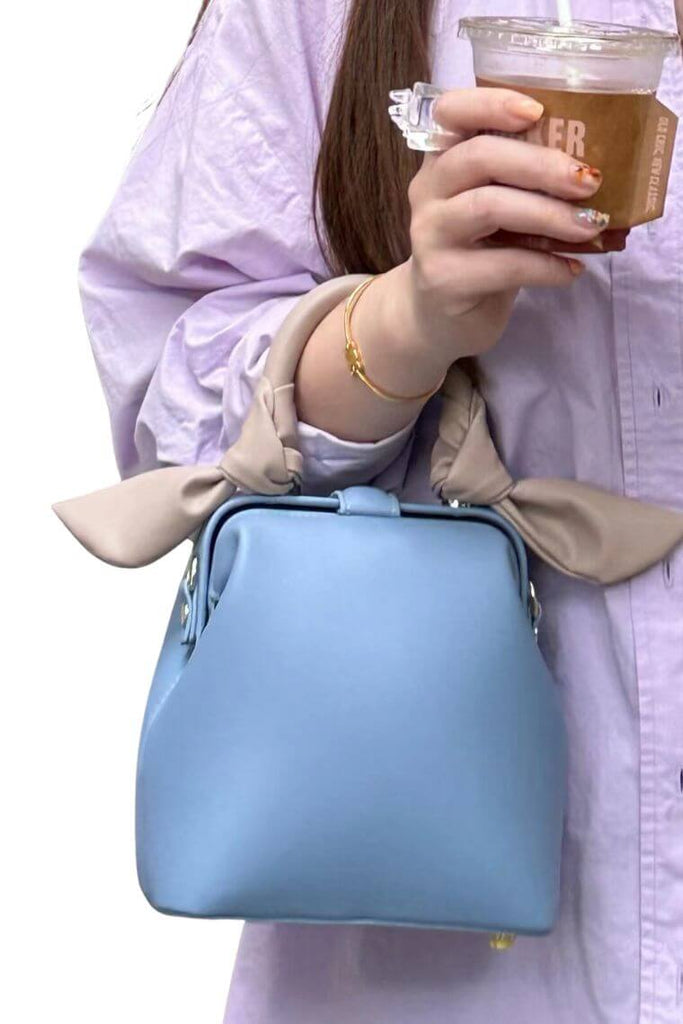 women cute small purse in blue leather with grey bunny ears | fashion mini handbag with top handle & cross body strap | best phone bag with magnet tab closure
