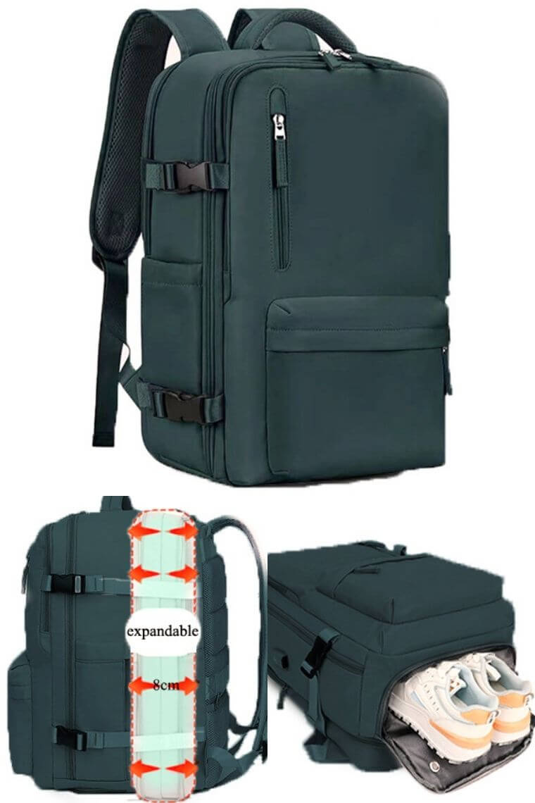 Dark blue expandable backpack purse in waterproof nylon for 16 inch laptop  with shoe compartment trolley sleeve and dry wet separation for travel or hiking or sports unisex