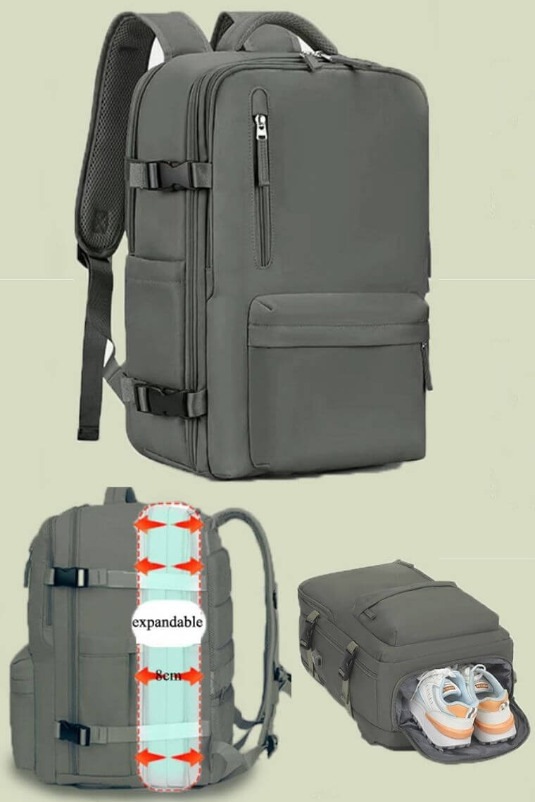 Dark green backpack in waterproof nylon for 16 inch laptop  with shoe compartment trolley sleeve and dry wet separation for travel or hiking or work