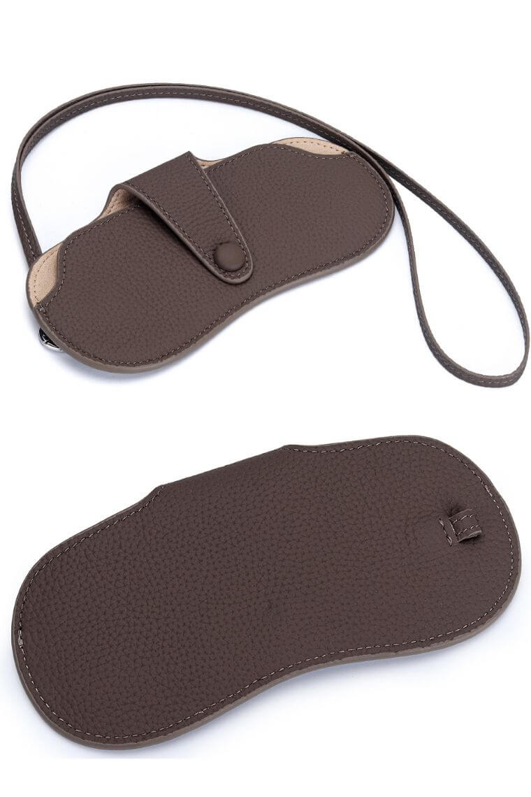 dark brown leather glasses case with detachable strap to put on the wrist or neck or your handbag for easy carry stylish sunglasses holder for men or women
