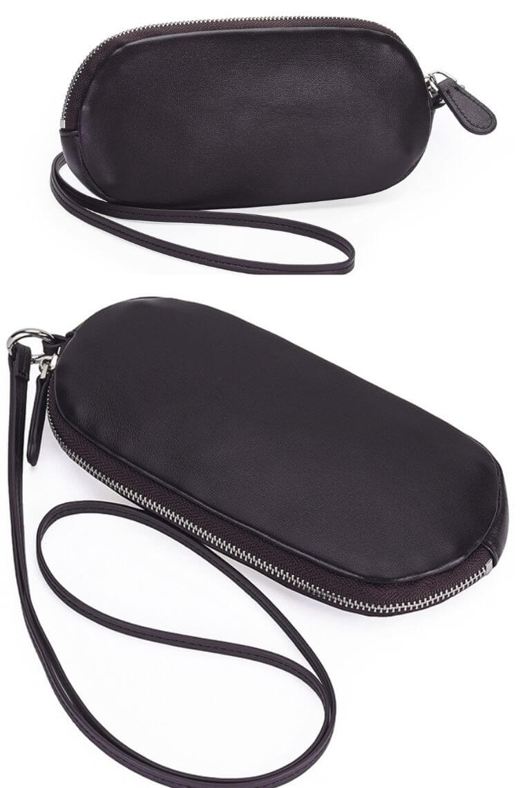 dark brown soft leather glasses case with detachable lanyard strap and zipper closure for men or women ｜ leather eyewear pouch | versatile sunglasses holder take in hand on your wrist or neck