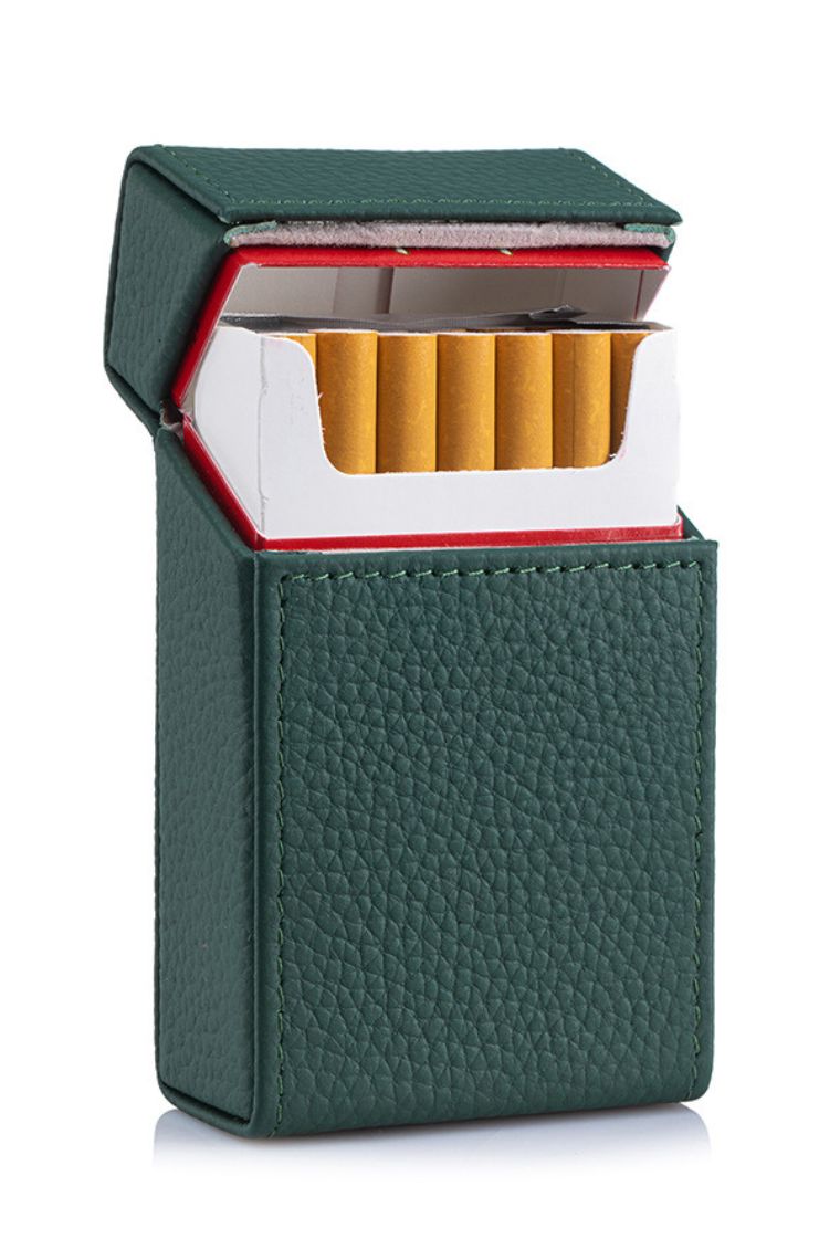 dark green leather cigarette hard case holder for king-sized full pack of 20 cigarettes with magnet flap, portable and waterproof cigarette pouch