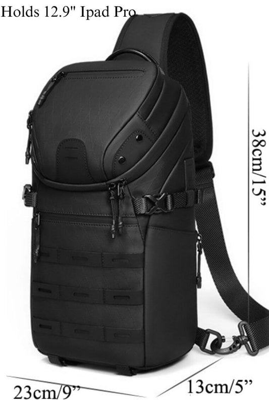 Designer one shoulder crossbody chest bag fanny pack in water-resistant black fabric with dry-wet separation and USB & type C charging ports for travel work or everyday use for men or women