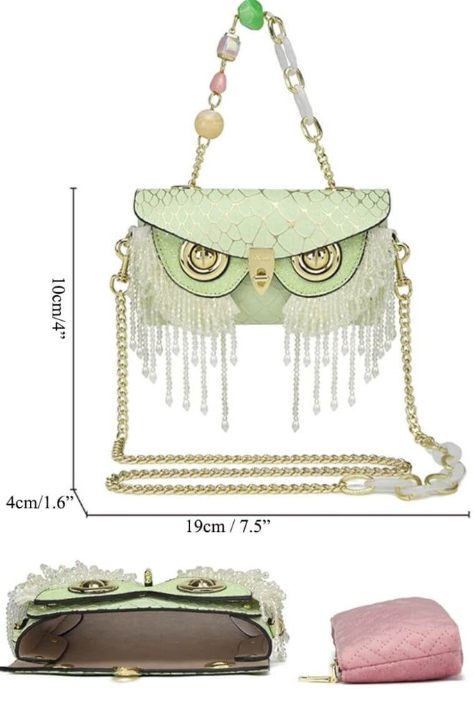 Designer evening clutch bag with cute bling owl head and crossbody chain strap | Unique party bag with bling tassel and flap closure