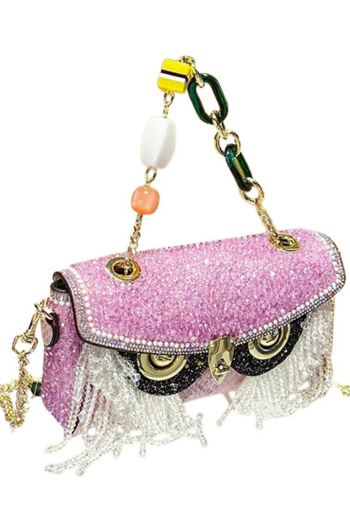 Designer purple bling evening clutch bag with cute owl head and crossbody chain strap | Unique party bag with bling tassel and flap closure