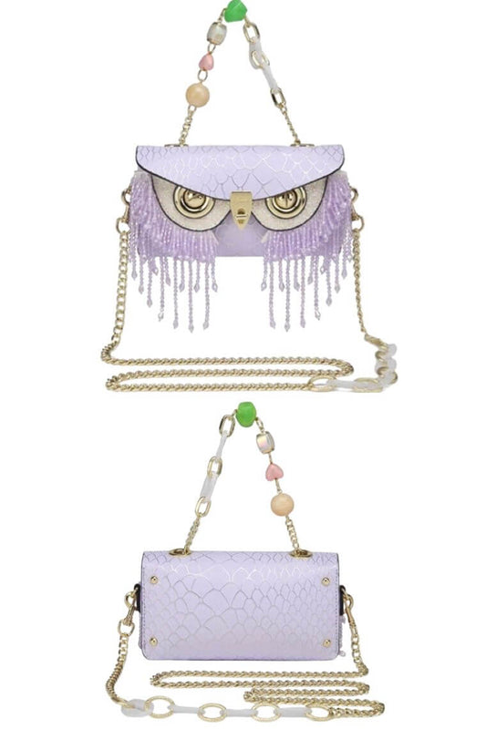 Designer lilac evening clutch bag with cute bling owl head and crossbody chain strap | Unique owl party bag with bling tassel and flap closure