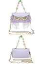 Designer lilac evening clutch bag with cute bling owl head and crossbody chain strap | Unique owl party bag with bling tassel and flap closure