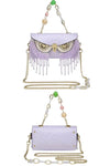 Designer lilac evening clutch bag with cute bling owl head and crossbody chain strap | Unique owl party bag with bling tassel and flap closure