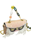 Designer pink bling evening clutch bag with cute owl head and crossbody chain strap | Unique party bag with bling tassel and flap closure