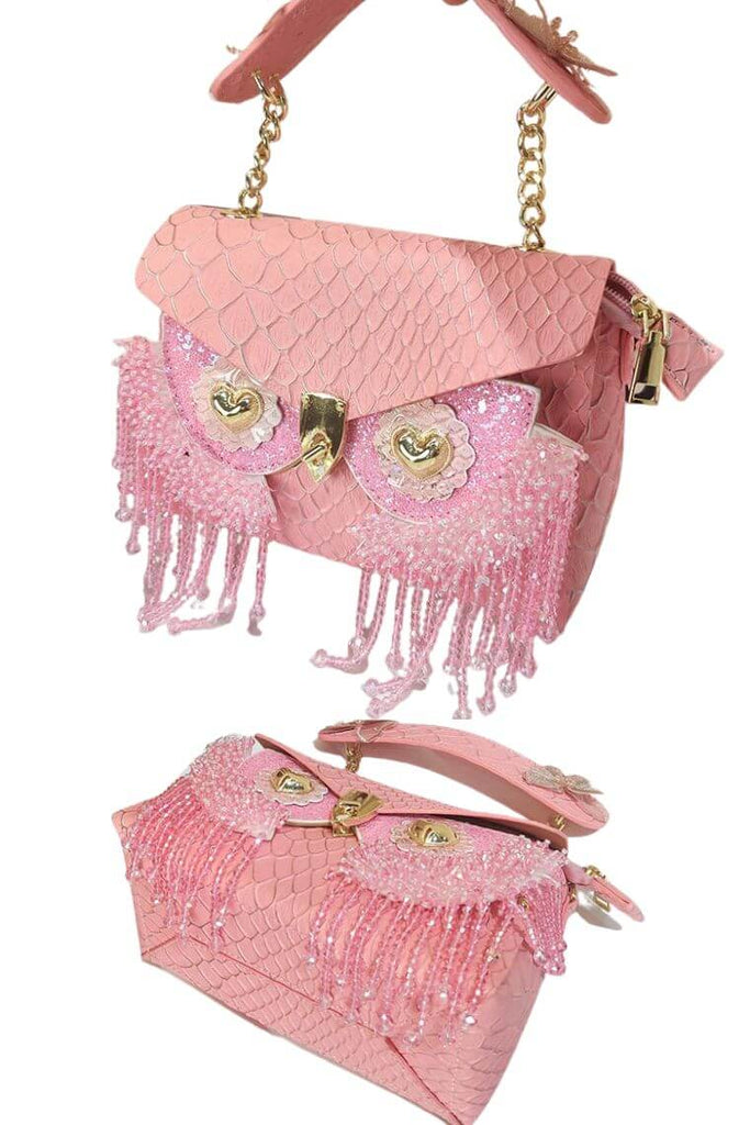 Designer pink snake evening clutch bag with cute bling owl head and crossbody chain strap | Unique party bag with bling tassel and flap closure