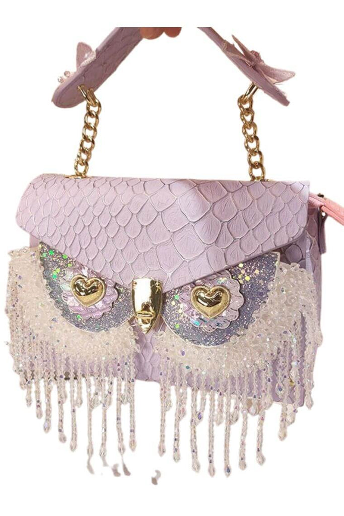 Designer purple evening clutch bag with cute bling owl head and crossbody chain strap | Unique party bag with bling tassel and flap closure