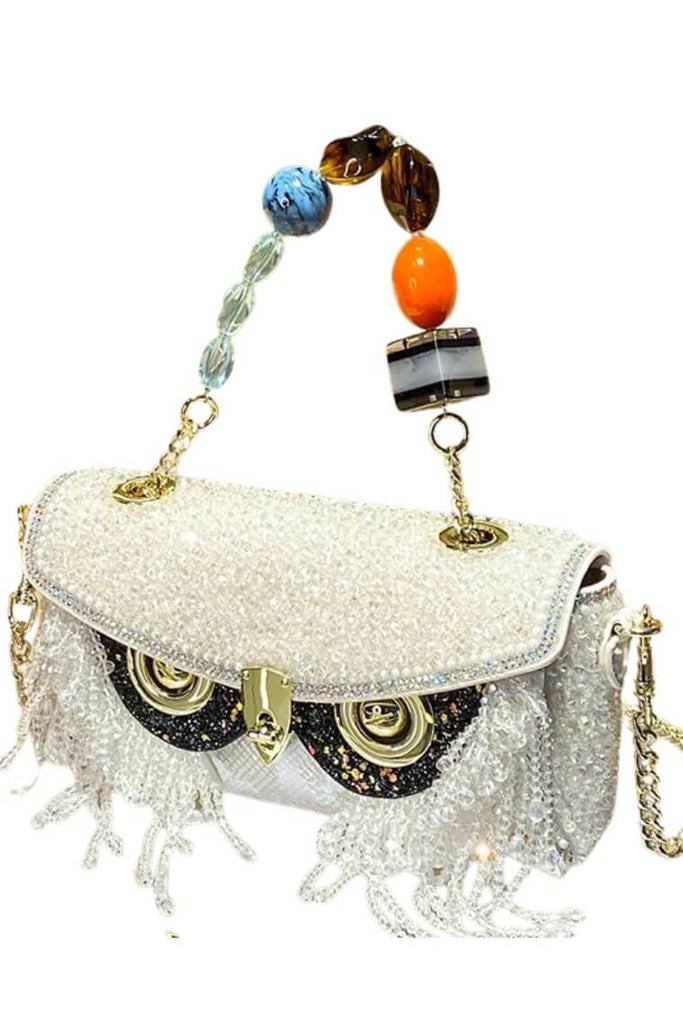 Designer white bling evening clutch bag with cute owl head and crossbody chain strap | Unique party bag with bling tassel and flap closure