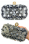 Black evening clutch bag purse with bling rhinestones and crossbody chain strap for party or wedding