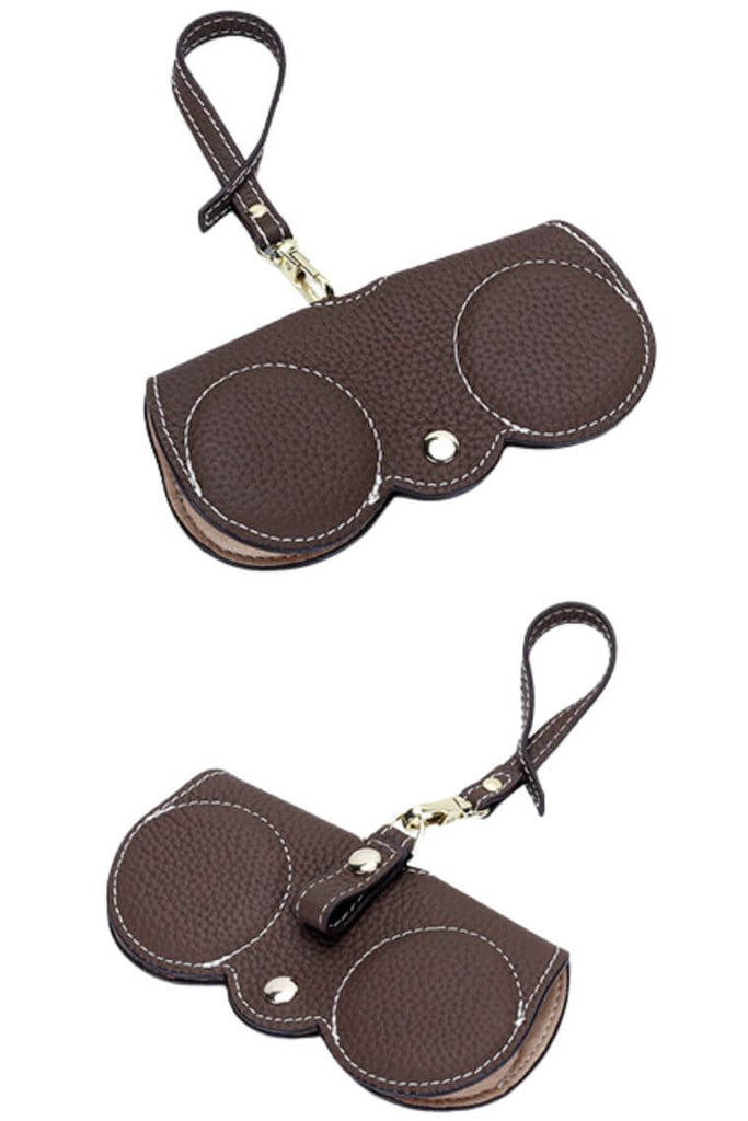 fashion glasses case in dark brown pebbled leather with belt clip