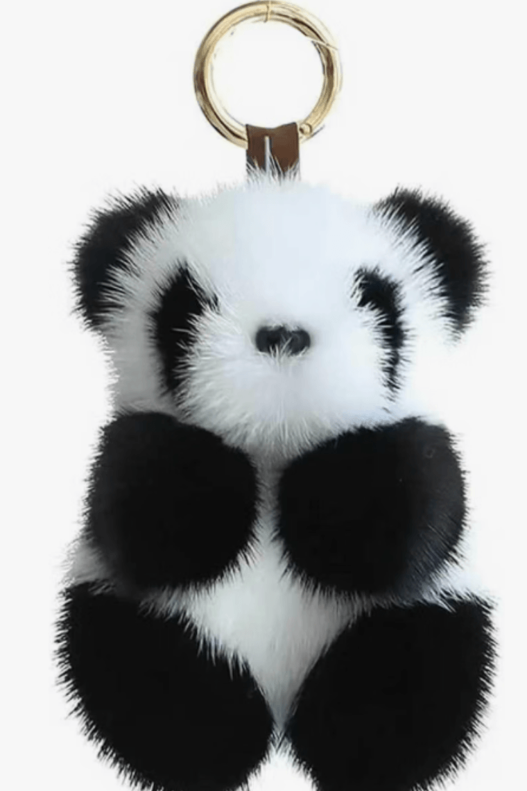fluffy panda pompom keychain in real mink fur with O ring can also be used as a bag charm or luxury plush toy for teenagers