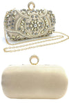 Gold evening clutch bag purse with bling rhinestones and crossbody chain strap for party or wedding
