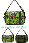 green canvas crossbody messenger bag in gothic zombie prints with luminous glow in the dark effect for work or study women and men