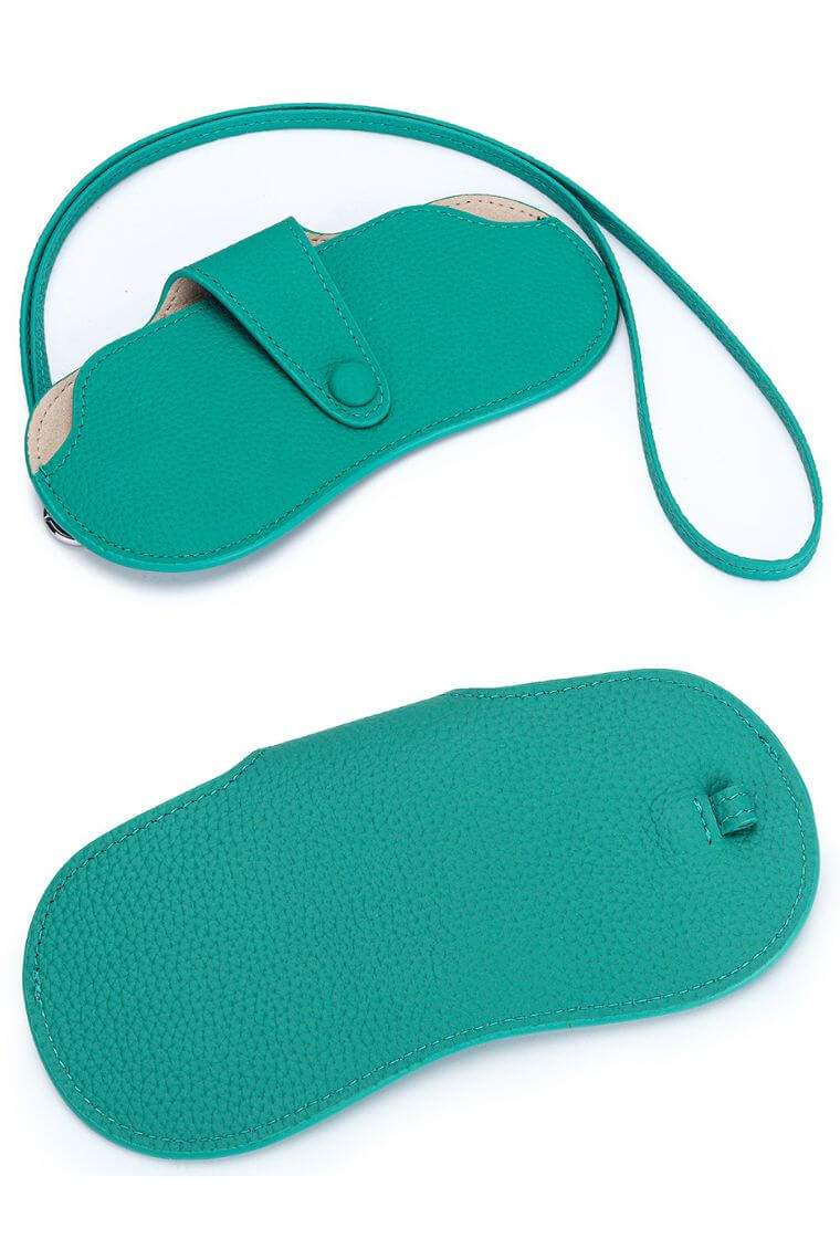 green leather glasses case with detachable strap to put on the wrist or neck or your handbag for easy carry stylish sunglasses holder for men or women