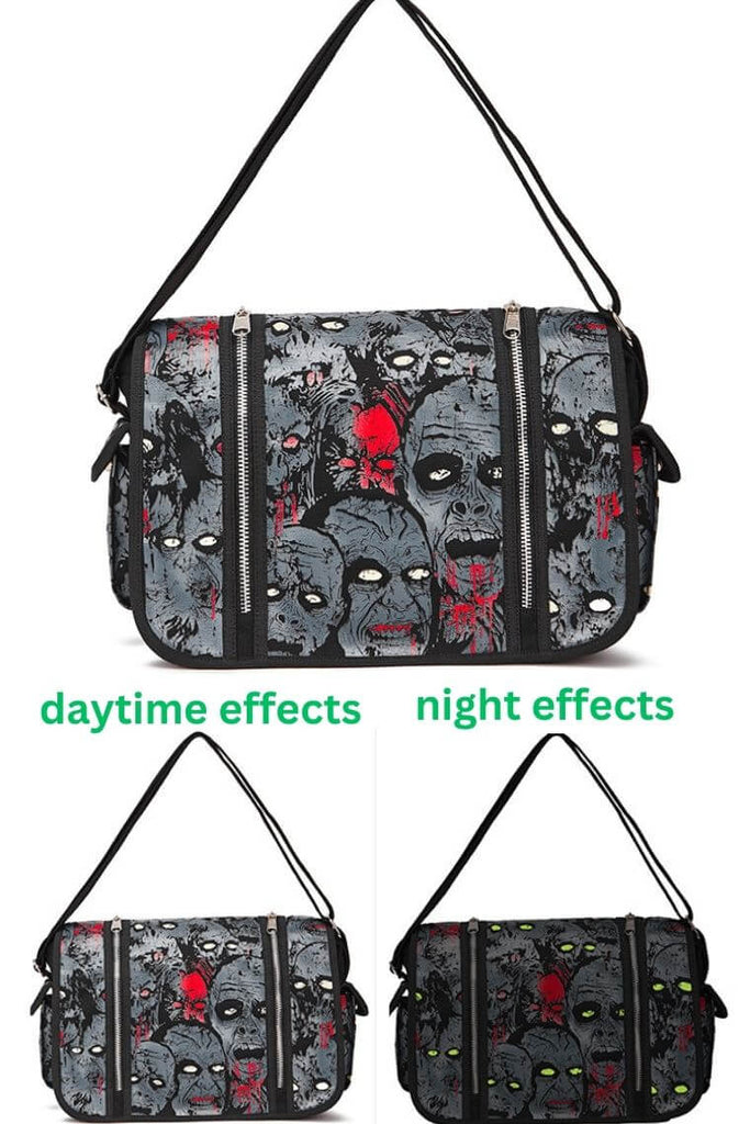 grey canvas crossbody messenger bag in gothic zombie prints with luminous glow in the dark effect for work or study women and men