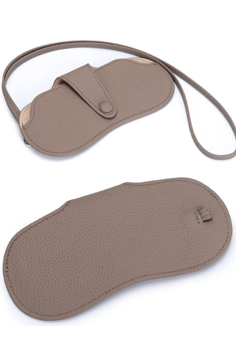 grey leather glasses case with detachable strap to put on the wrist or neck or your handbag for easy carry stylish sunglasses holder for men or women