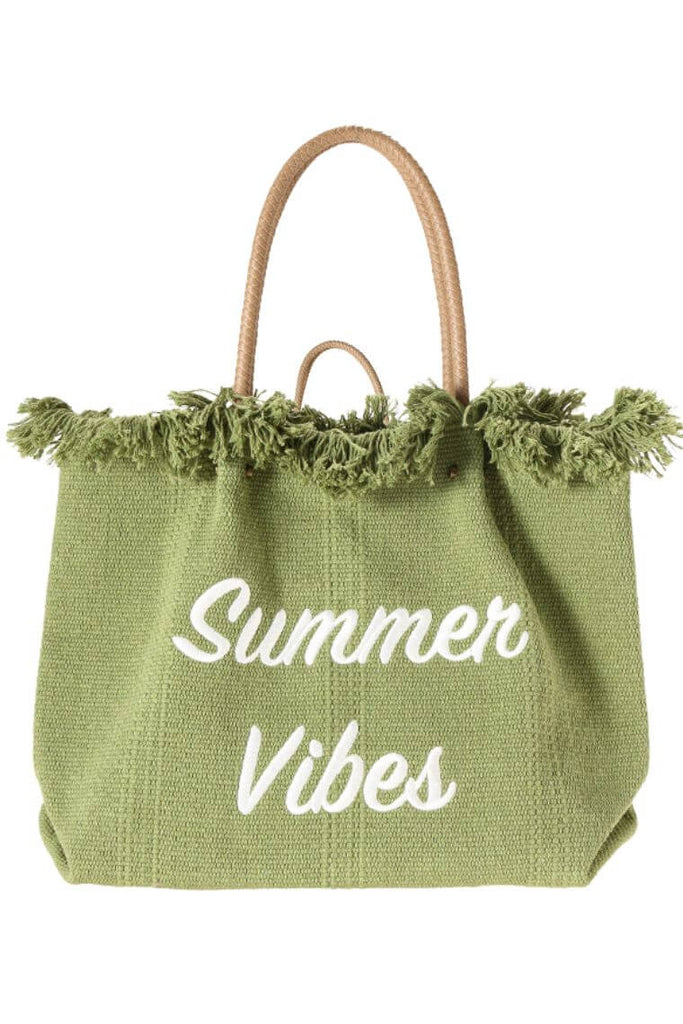 women green canvas summer vibes beach tote bag with magnet closure and raw edges | women large shoulder bag | fashion carry bag with woven vegan leather handles | best summer bag 2023 | canvas shopping bag with raw edges