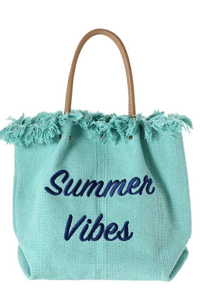 women blue canvas summer vibes beach tote bag with magnet closure and raw edges | women large shoulder bag | fashion carry bag with woven vegan leather handles | best summer bag 2023 | canvas shopping bag with raw edges