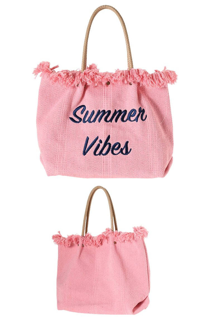 women pink canvas summer vibes beach tote bag with magnet closure and raw edges | women large shoulder bag | fashion carry bag with woven vegan leather handles | best summer bag 2023 | canvas shopping bag with raw edges