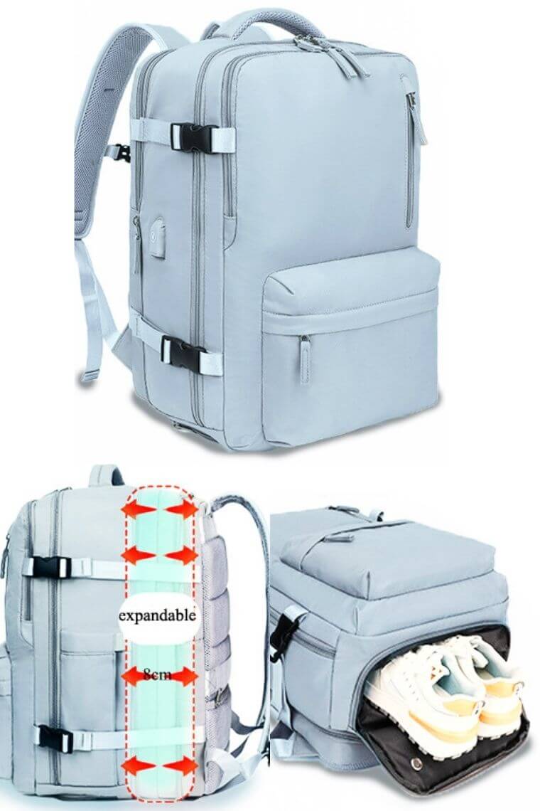 Light blue expandable backpack in waterproof nylon for 16 inch laptop  with shoe compartment trolley sleeve and dry wet separation for travel or hiking or work unisex