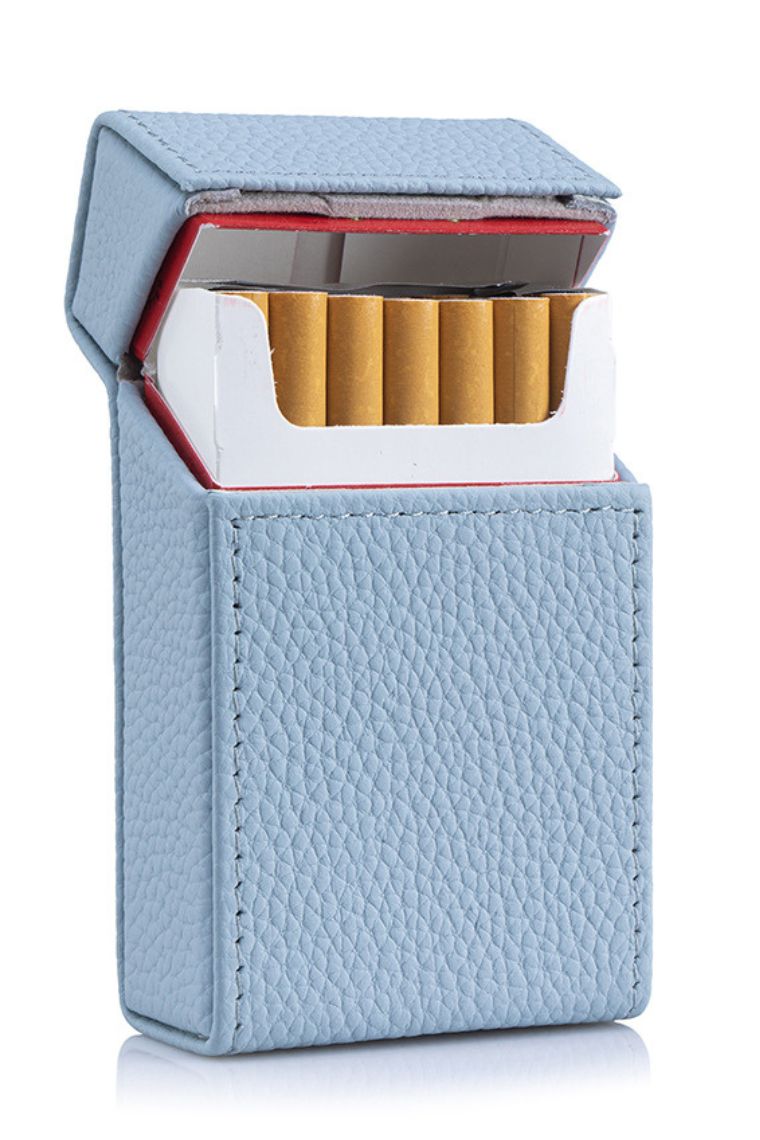 light blue pebbled leather hard cigarette case holder for king-sized full pack of 20 cigarette with magnetic closure | portable slim cigarette cover for men or women