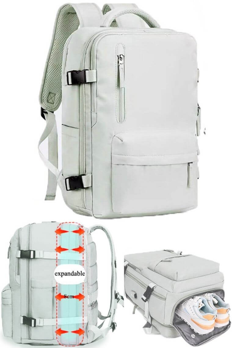 Light green expandable backpack purse in waterproof nylon for 16 inch laptop  with shoe compartment trolley sleeve and dry wet separation for travel or hiking or work 