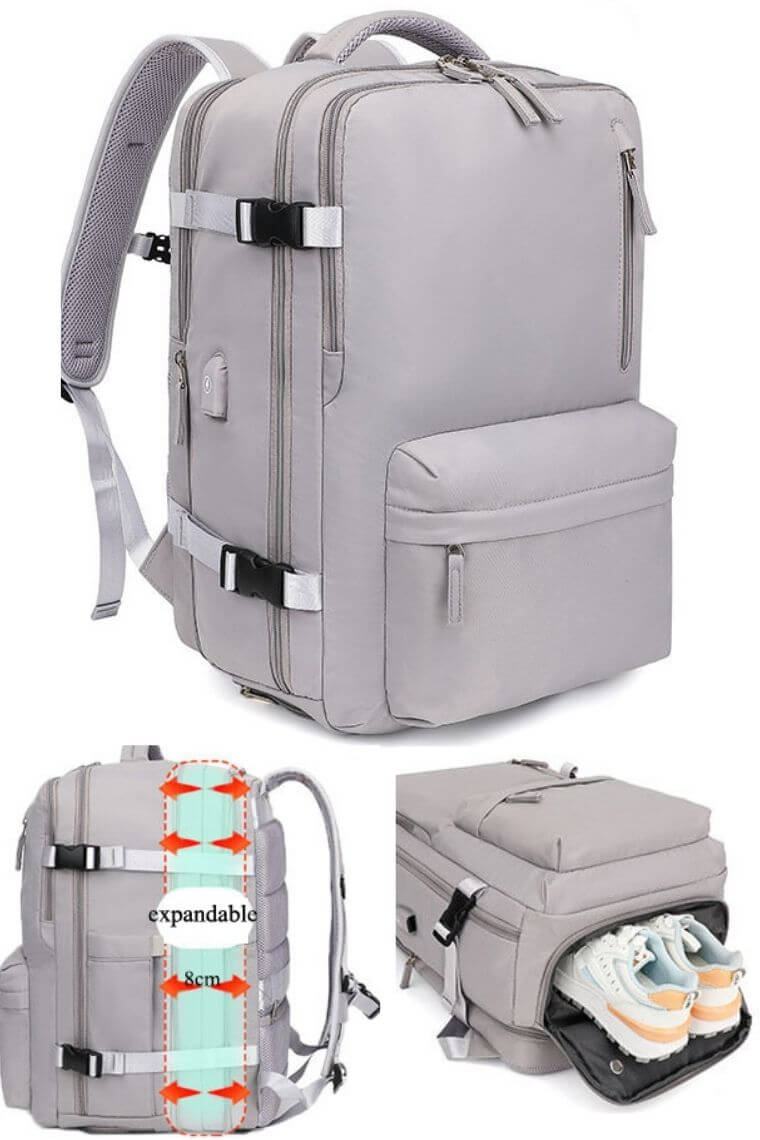 Light grey expandable backpack purse in waterproof nylon for 16 inch laptop  with shoe compartment trolley sleeve and dry wet separation for travel or hiking or sports unisex
