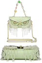 Designer light green evening clutch bag with cute bling owl head and crossbody chain strap | Unique owl party bag with bling tassel and flap closure