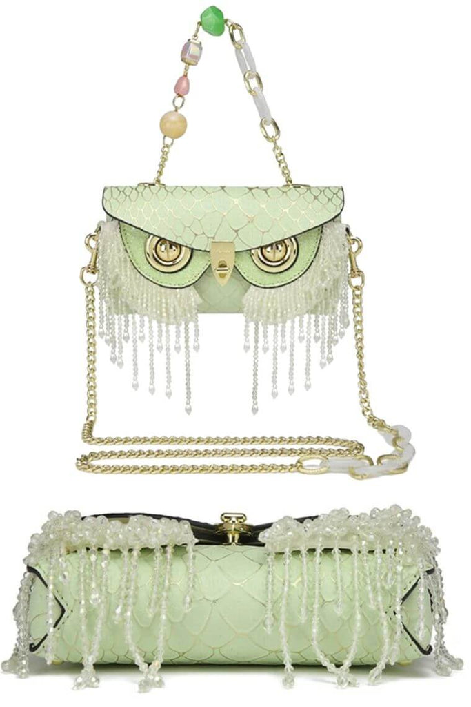 Designer light green evening clutch bag with cute bling owl head and crossbody chain strap | Unique owl party bag with bling tassel and flap closure