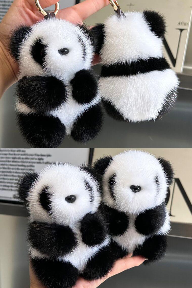 luxury panda pompom keychain in soft and fluffy mink fur with O ring can also be used as a bag charm or luxury plush toy for teenagers