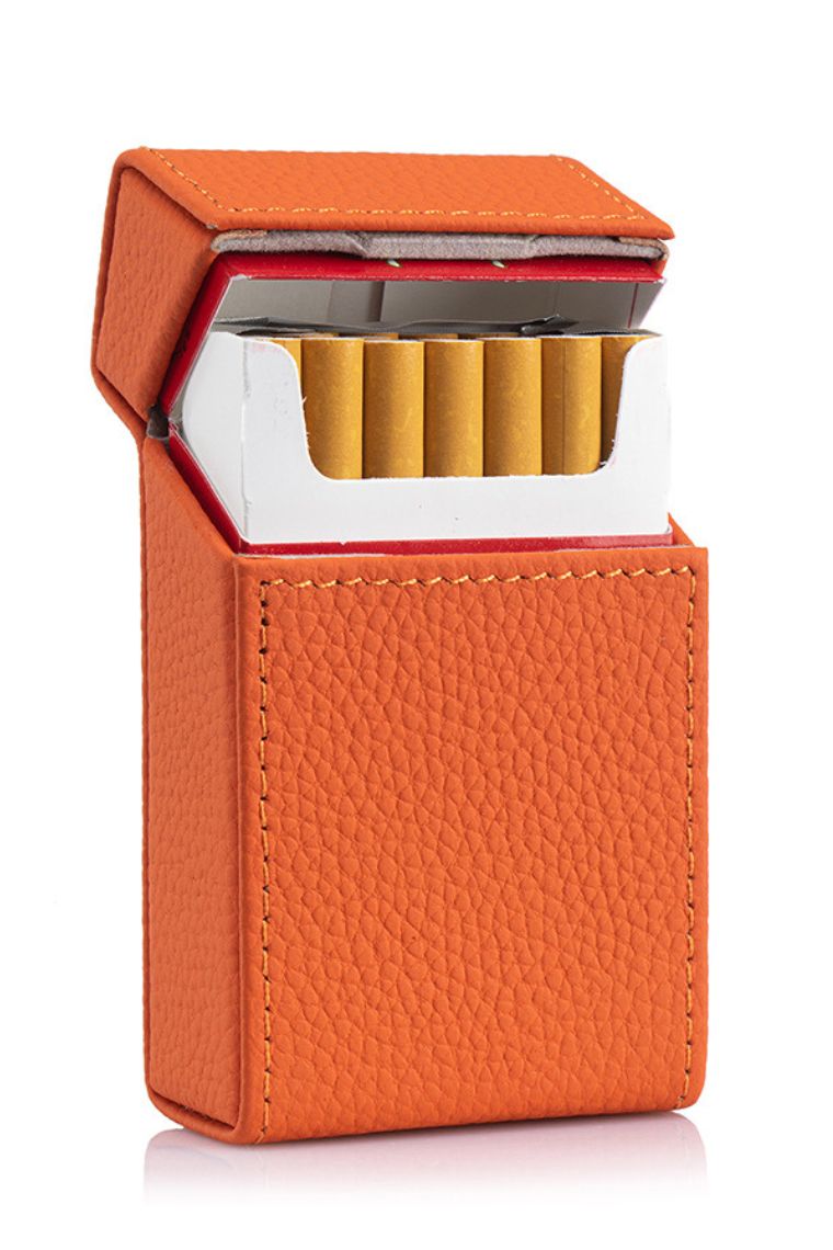 orange leather standard 20 pack cigarette pack with magnetic flap | King-size cigarette case in real leather