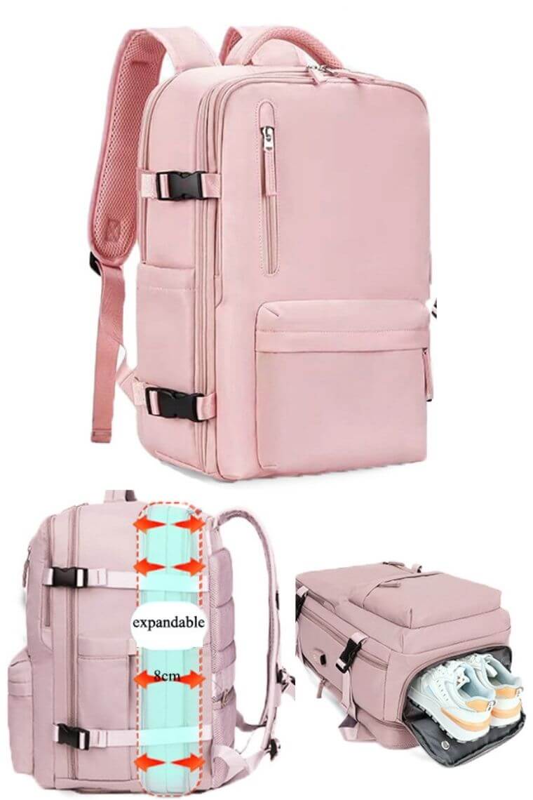 Pink expandable backpack in waterproof nylon for 16 inch laptop with shoe compartment trolley sleeve and dry wet separation for travel or hiking or sports unisex