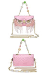 Designer pink evening clutch bag with cute bling owl head and crossbody chain strap | Unique owl party bag with bling tassel and flap closure