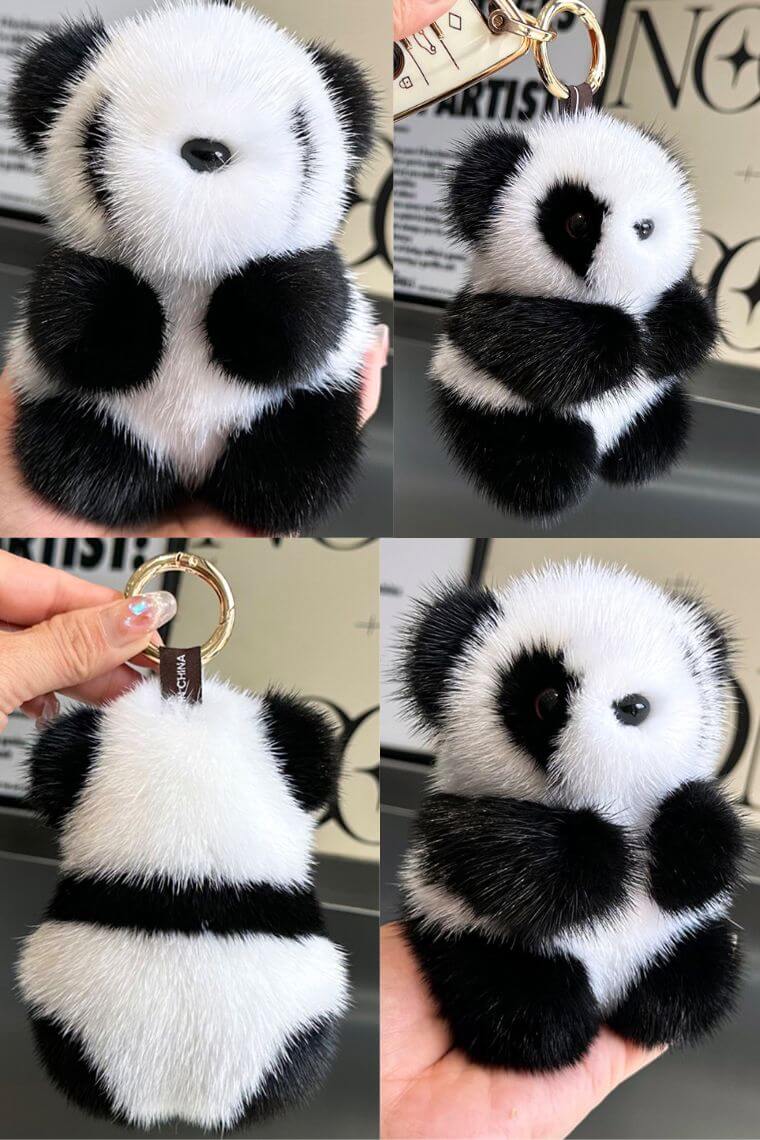 kawaii panda pompom keychain in soft and fluffy mink fur with O ring can also be used as a bag charm or luxury plush toy for teenagers