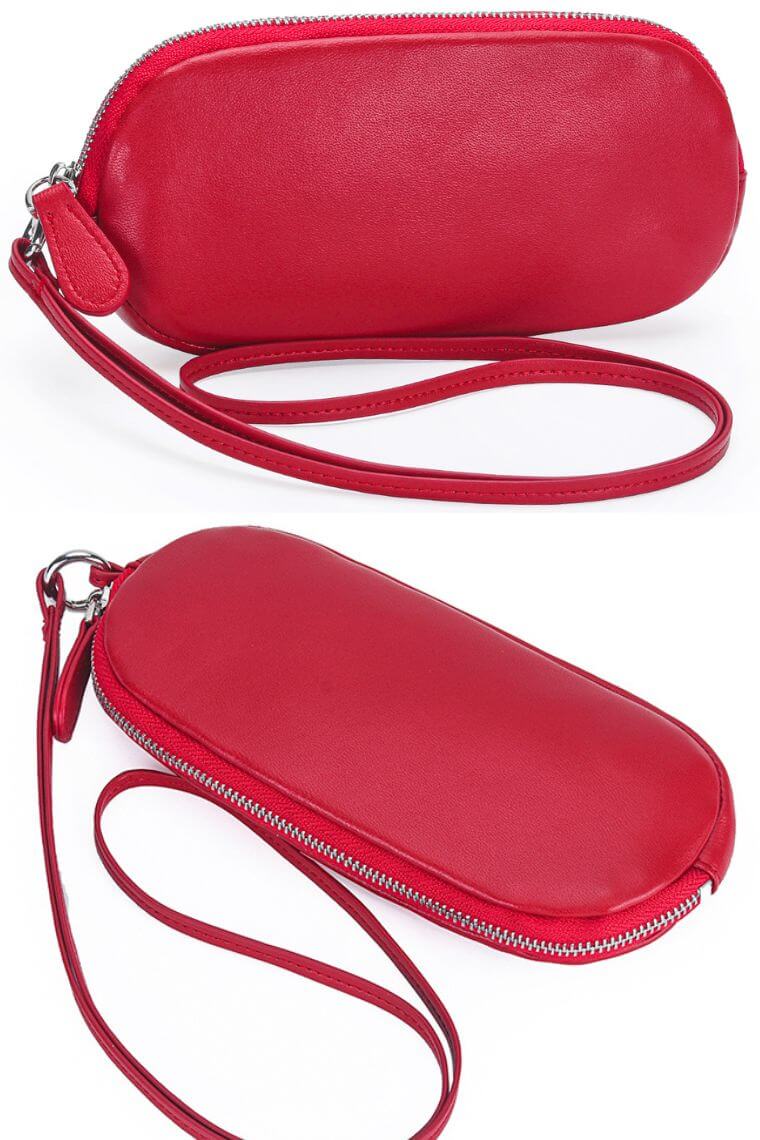 red soft leather glasses case with detachable lanyard strap and zipper closure for men or women ｜ leather eyewear pouch | versatile sunglasses holder take in hand on your wrist or neck