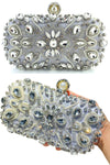 Silver evening clutch bag purse with bling rhinestones and crossbody chain strap for party or wedding