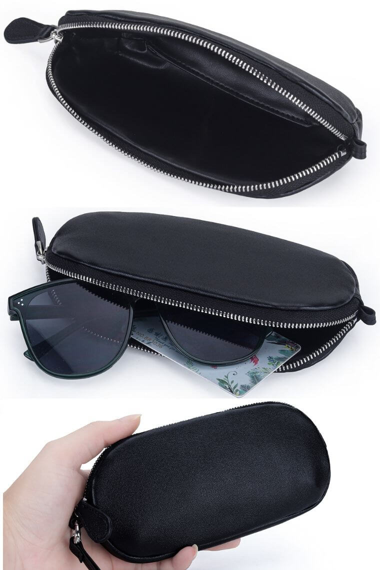 stylish soft leather glasses case with detachable lanyard strap and zipper closure for men or women ｜ leather eyewear pouch | versatile sunglasses holder take in hand on your wrist or neck