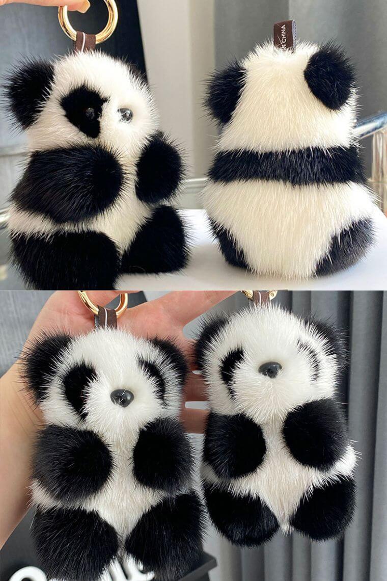 cute panda pompom keyring in soft and fluffy mink fur with O ring can also be used as a bag charm or luxury plush toy for teenagers