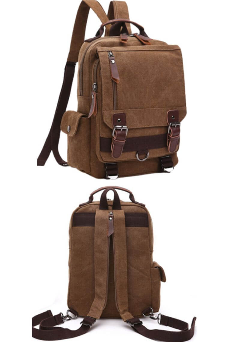 unisex brown canvas backpack with top handle convertible into a crossbody sling bag with multi zip pockets holds A4 books & 9.7 iPad for travel or everyday use